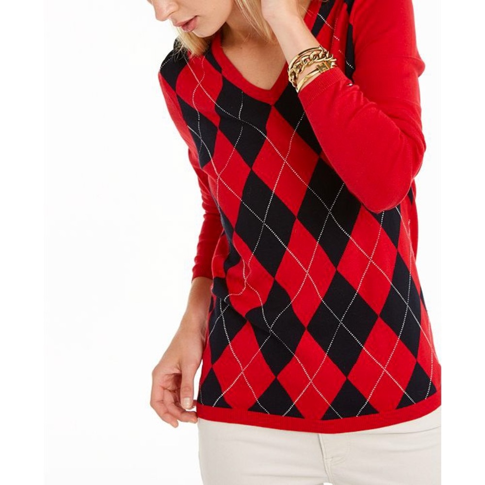 Tommy Hilfiger Women’s Red/Navy Argyle Sweater, M - Picture 2 of 8